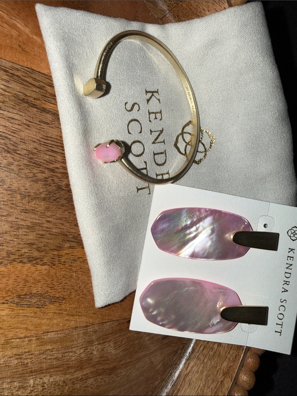 Kendra Scott Gold Cuff Bracelet and Pink Shell Drop Earrings Set